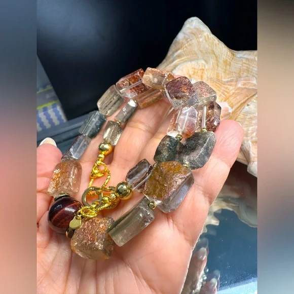 GOLDEN PHANTOM QUARTZ + TIGERS EYE STONES NATURAL NECKLACE - Picture 10 of 16